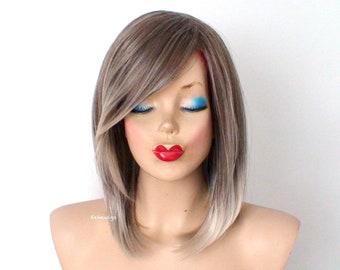Ash Brown/Ash Blonde Ombre wig. 16" Straight hair side bangs wig. Heat friendly synthetic hair wig.