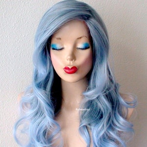 Pastel Blue Ombre wig. 26&quot; Curly hair side bangs wig. Heat friendly synthetic hair wig.