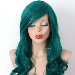 Forest Green wig. 26&quot; Curly hair side bangs wig. Heat friendly synthetic hair wig.