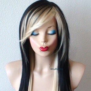 Emo wig. Black Blonde wig. 28" Straight layered hair side bangs wig. Cosplay wig.