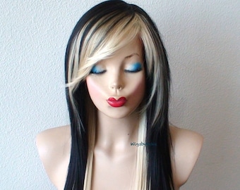 Zwart-blonde emopruik: 28" gelaagde cosplaypruik