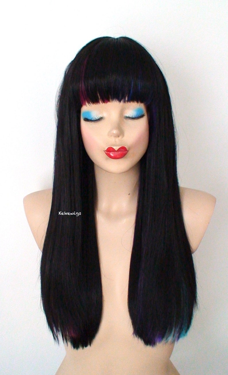Galaxy wig. Hidden rainbow hair wig. Long straight black wig Etsy