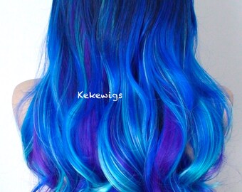 Blue wig. Galaxy wig. Ombre wig. 26" Wavy hair side bangs wig. Heat friendly synthetic hair wig.
