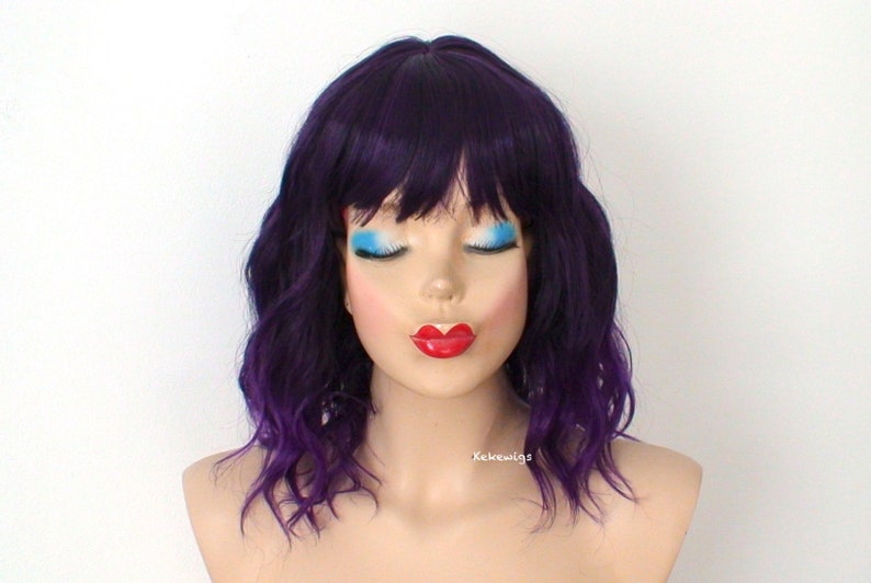 Purple Ombre wig. 16 Wavy hair wig with bangs. Heat friendly synthetic hair wig. image 4