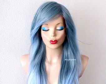 Pastel Grayish Blue Ombre wig. 28" Straight layered hair side bangs wig. Heat friendly synthetic hair wig.