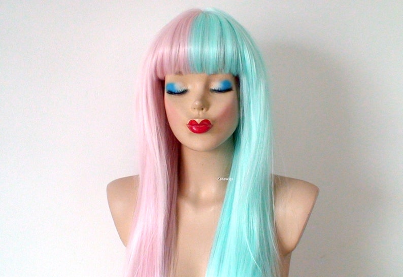 Pastel Pink Mint side by side wig. 28 Straight layered hair with bangs wig. Heat friendly synthetic hair wig. image 3