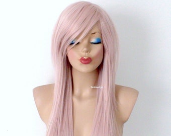 Scene wig. Emo wig. Antique pink wig. 28" Straight layered hair side bangs wig. Heat friendly synthetic hair wig.