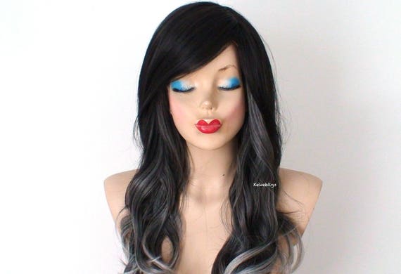 Black Gray Ombre Wig Long Wavy Hairstyle Long Side Bangs Wig Etsy