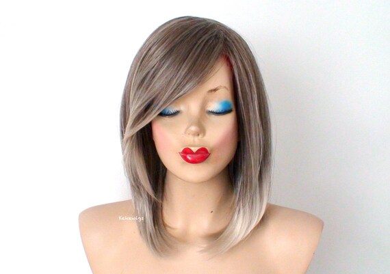 Ash Brown Ash Blonde Ombre Wig Short Straight Hair Long Side Etsy