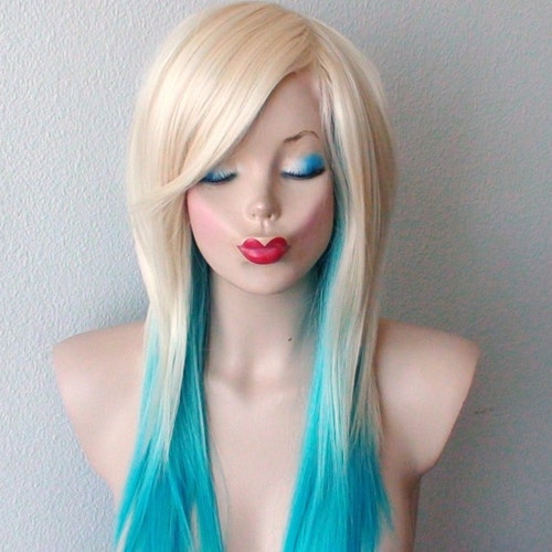 Blonde /teal Blue Ombre WIG. 24 Curly Hair Side Bangs - Etsy