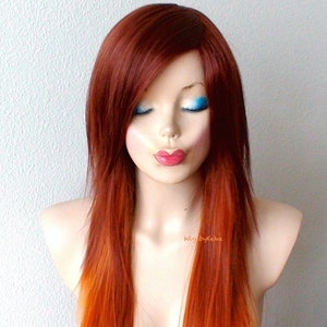 Auburn Ginger Red Ombre wig. 28&quot; Straight hair side bangs wig. Heat friendly synthetic hair wig.