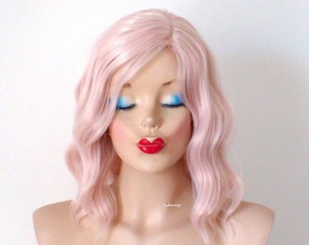 Antique Pink wig. Ash peach pink wig. Short wavy wig. Heat friendly synthetic hair wig.