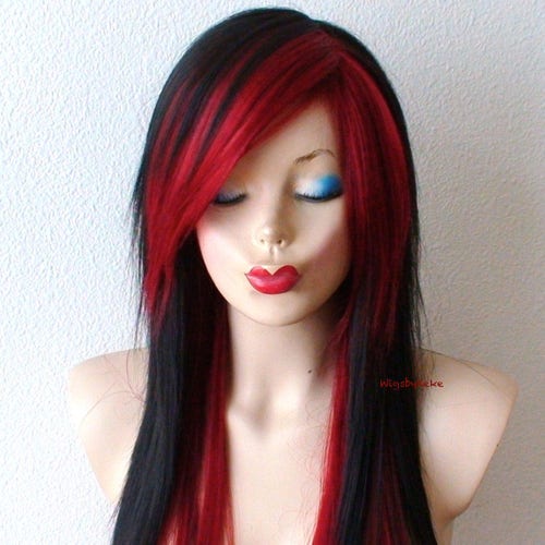 Black /wine Red Wig. 28 Straight Layered Hair Side Bangs - Etsy