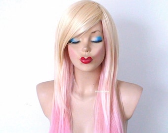 Blonde baby pink ombre wig. 24" Straight hair side bangs wig. Heat friendly synthetic hair wig.