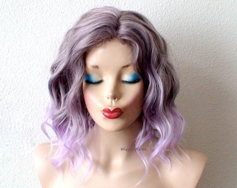 Peluca ombré color lavanda pastel: cabello sintético ondulado resistente al calor de 40 cm