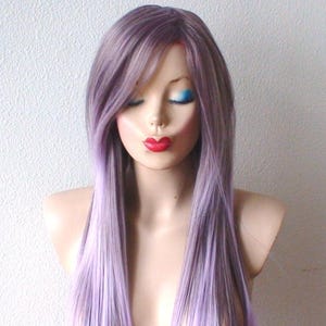 Pastel Lavender Ombre wig. 28&quot; Straight hair side bangs wig. Heat-friendly synthetic hair wig