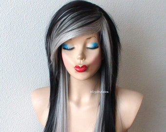 Black grey wig. Emo wig. 28" Straight layered hair side bangs wig. Heat friendly synthetic hair wig.