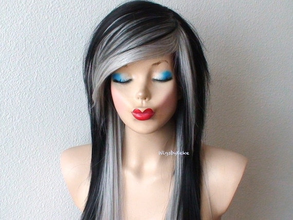Black Grey Wig. Emo Wig. 28 Straight Layered Hair Side Bangs Wig