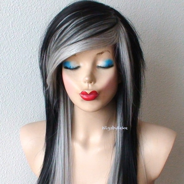 Black grey wig. Emo wig. 28" Straight layered hair side bangs wig. Heat friendly synthetic hair wig.