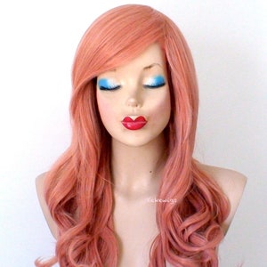 Rose gold wig. 26&quot; Curly hair side bangs wig. Heat friendly synthetic hair wig.