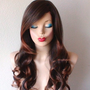 Brown Auburn wig. 26&quot; Curly hair side bangs wig. Heat friendly synthetic hair wig.