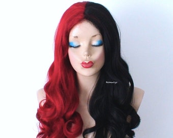 Red Black side by side wig. 28" Curly wig.Heat friendly synthetic hair wig.