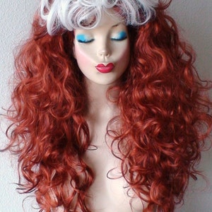 May include: A long, curly wig with red and white hair. The wig has a white top layer and a red bottom layer. The wig is styled in loose curls.