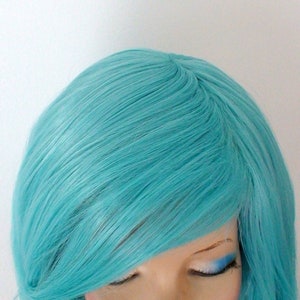 Pastel Teal Blue Mermaid hair wig. 26 Curly hair side bangs wig. Heat friendly synthetic hair wig. image 4