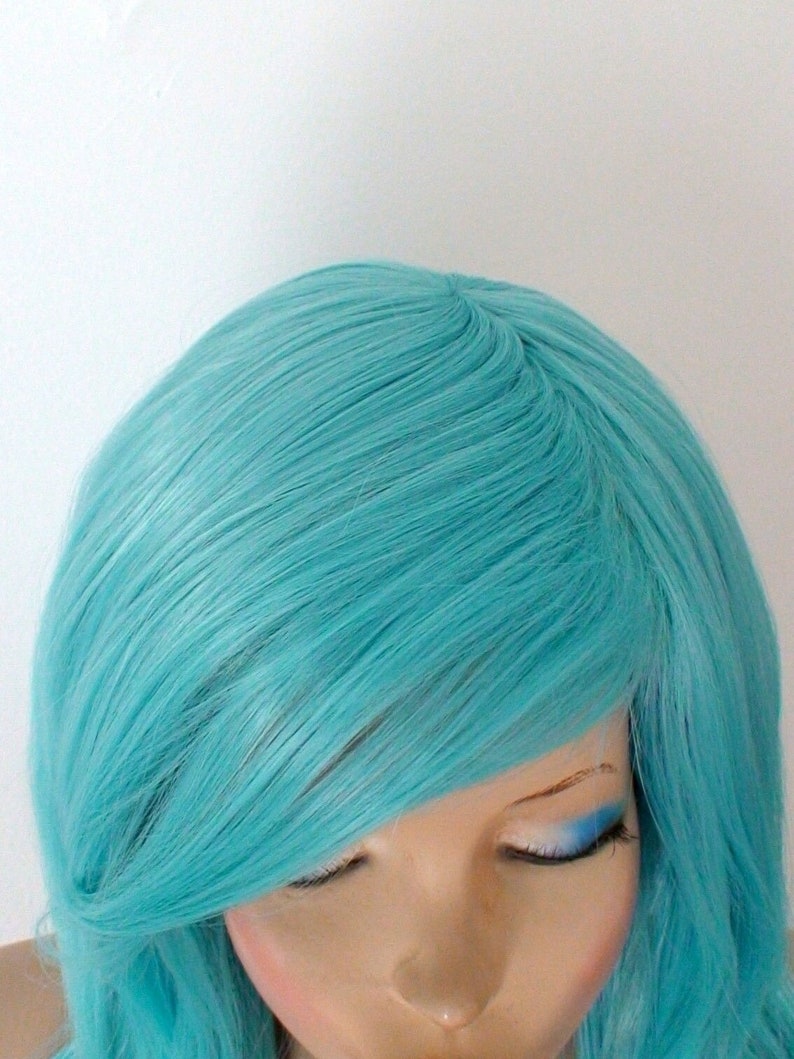 Pastel Teal Blue Mermaid hair wig. 26 Curly hair side bangs wig. Heat friendly synthetic hair wig. image 4