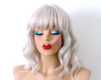 White gray wig. 16" Wavy wig with bangs. Heat friendly synthetic hair wig.