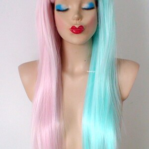 Pastel Pink Mint side by side wig. 28 Straight layered hair with bangs wig. Heat friendly synthetic hair wig. image 2