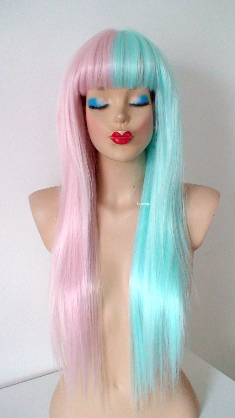 Pastel Pink Mint side by side wig. 28 Straight layered hair with bangs wig. Heat friendly synthetic hair wig. image 2