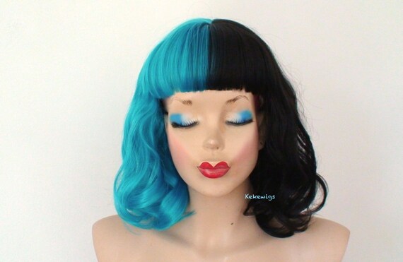 Black Teal Blue Wig Half Black Half Teal Blue Wig Teal Blue Etsy