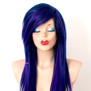Emo wig. Navy Blue Purple Ombre wig. 28&quot; Straight layered hair side bangs wig. Cosplay wig.
