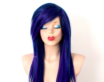 Emo wig. Navy Blue Purple Ombre wig. 28" Straight layered hair side bangs wig. Cosplay wig.