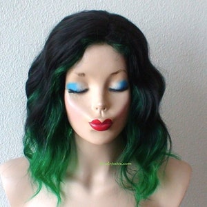 Black / Green Ombre wig. 16" Wavy hair wig. Heat friendly synthetic hair wig.