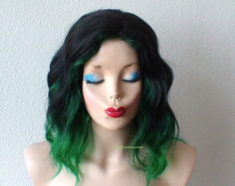 Black Green Ombre Wig: 16" Wavy Heat-Friendly Synthetic Hair