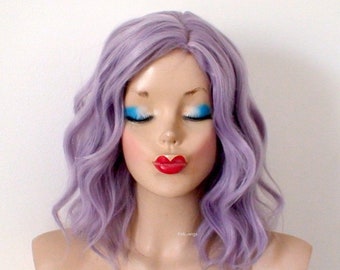 Pastel smoky lavender wig. 16" Wavy hair wig. Heat friendly synthetic hair wig.