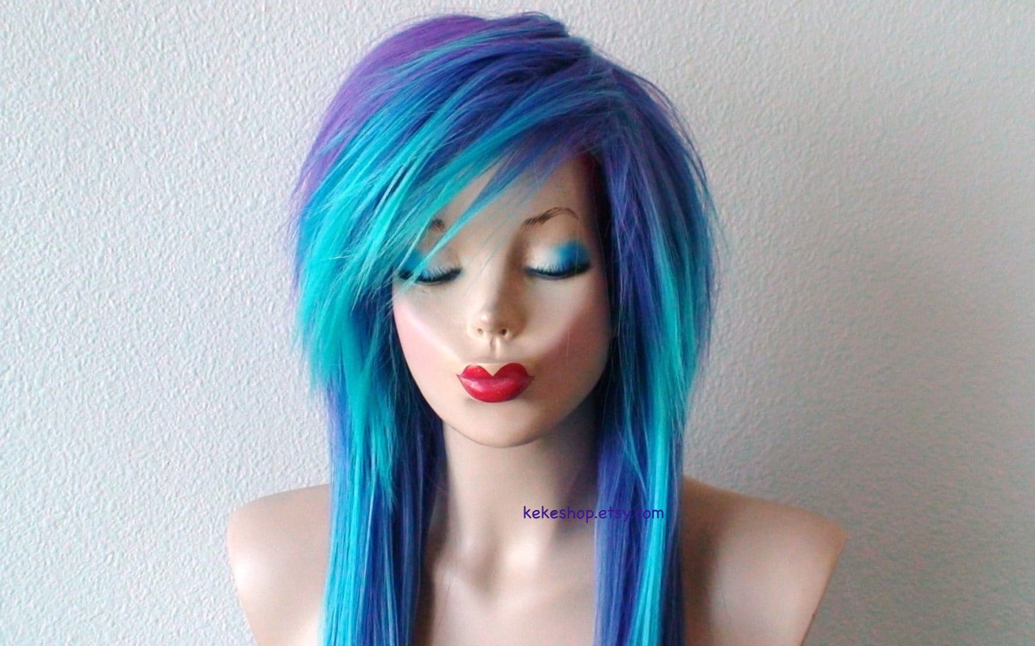 Emo wig. Teal/ Purple Ombre wig. Blue Scene wig. Long straight Etsy