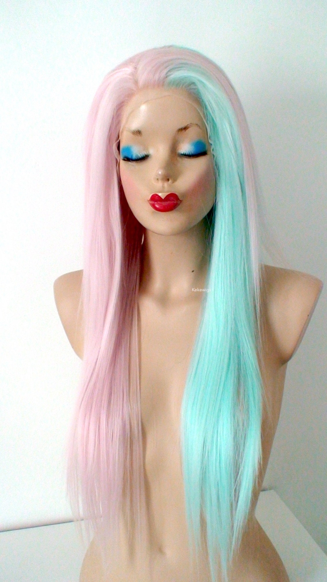 Lace Front Wig. Pastel Pink Mint Side by Side Wig. 30 Straight