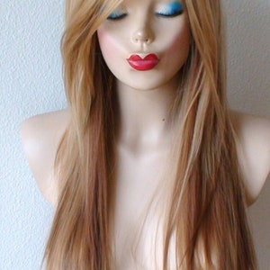 Golden blonde ombre wig. 28 Straight layered hair side bangs wig. Heat friendly synthetic hair wig. image 3