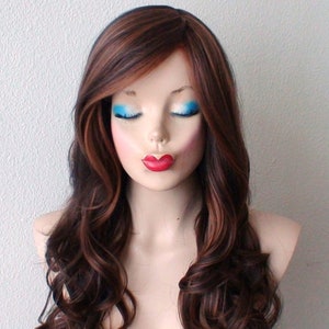 Brown Auburn wig.  26" curly hair side bangs wig. Heat friendly synthetic hair wig.