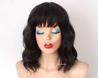 Brown wig. 16" Wavy hair with bangs wig. Heat friendly synthetic hair wig.
