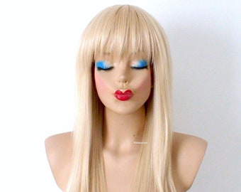 Blonde wig. 28” Straight layered hair with bangs wig. Heat friendly synthetic hair wig for women.