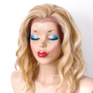 Lace front wig. Blonde wig. 16” Wavy hair wig. Heat friendly synthetic hair wig.