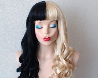 Black Blonde side by side wig. 28" Curly wig with bangs. Heat friendly synthetic hair wig.