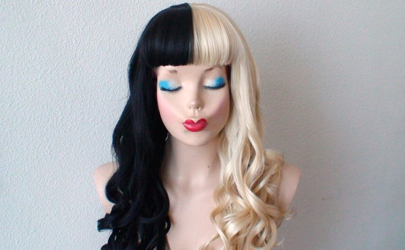 Half Black Half Blonde Wig Side By Side Long Curly Synthetic Etsy