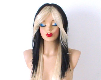 Black Blonde wig. 28" Straight hair wig. Heat friendly synthetic hair wig.