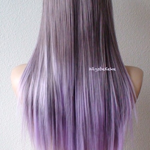 Pastel Lavender Ombre wig. 28 Straight hair long side bangs wig. Heat friendly synthetic hair wig image 1