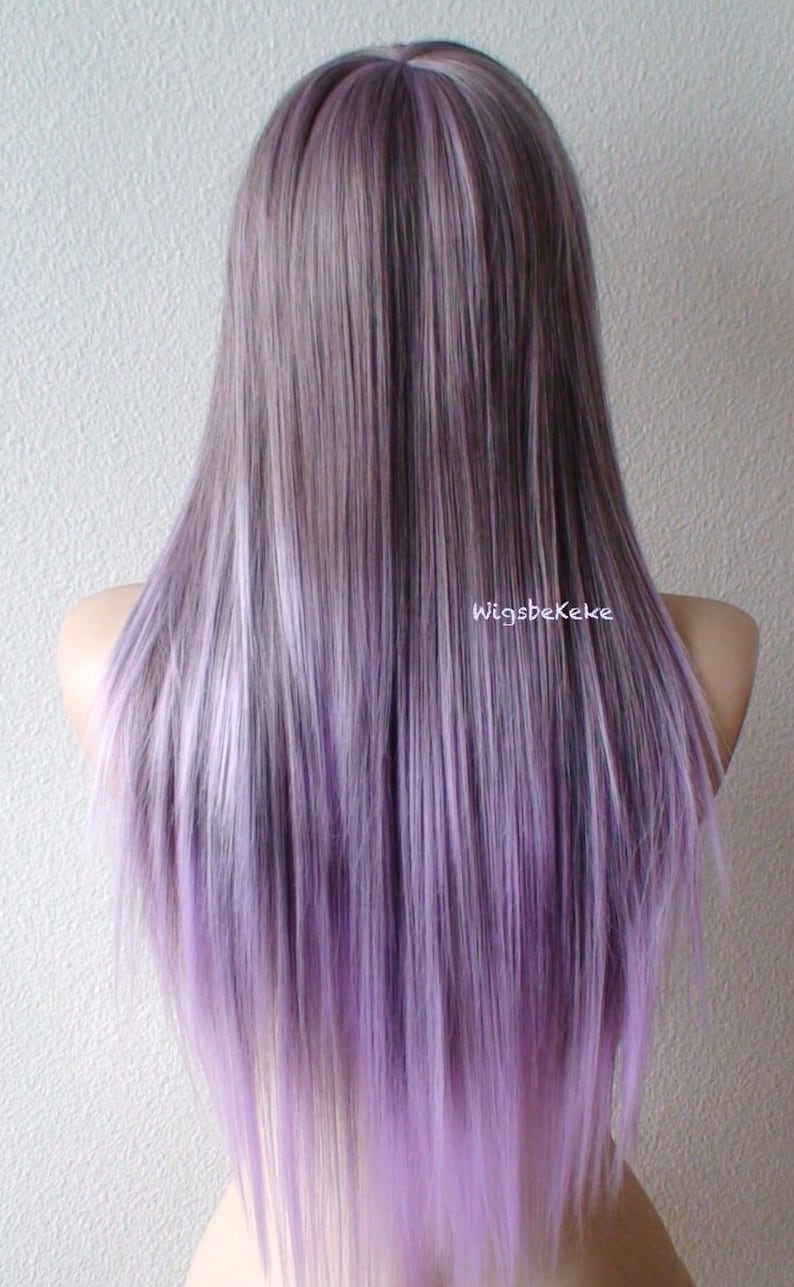 Pastel Lavender Ombre wig. 28 Straight hair long side bangs wig. Heat friendly synthetic hair wig image 1